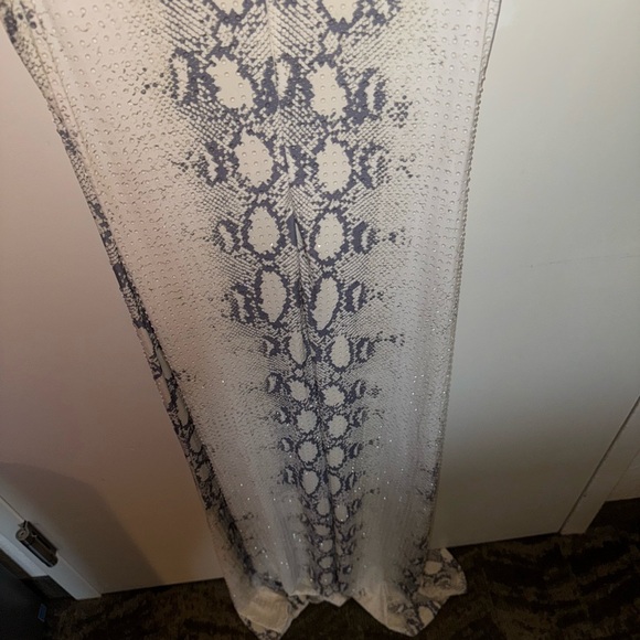 AKIRA Cream Snakeskin Clear Beaded Rhinestone High Neck Maxi Dress - Picture 12 of 12